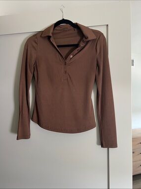 Brown Long-Sleeve Ribbed Polo Top